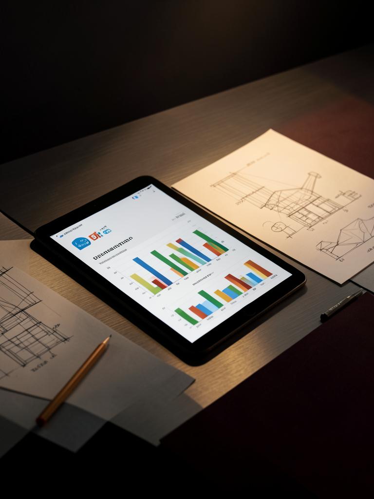 Tablet com gráficos de viabilidade e croquis arquitetônicos