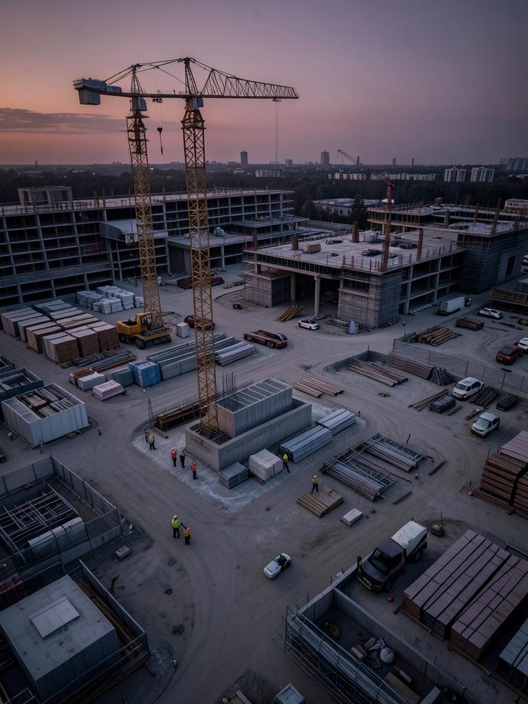 Vista aérea de canteiro de obras organizado com grua